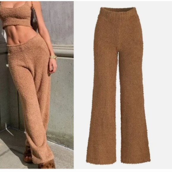 Skims Pants Wide Leg Teddy Soft Knit Pull On Elastic Stretch Waist Tan Size XS - Picture 1 of 8